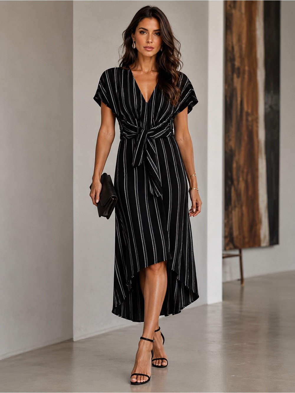 Donna Karan Black and White Pinstripe High-Low Tie-Waist Dress